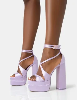Best Breanna Lilac Satin Strappy Ankle Extreme Double Platform Block Heels Strappy Heels | Block Heels