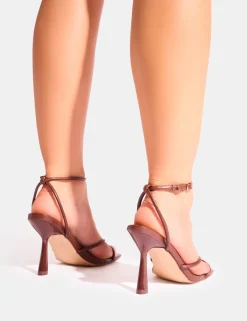 Store Bree Chocolate Pu Barely There Square Toe Mid Stiletto Heels Strappy Heels | Barely There Heels