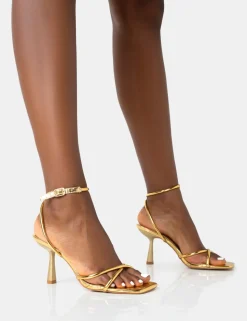 Cheap Bree PU Barely There Square Toe Mid Stiletto Heels Back In Stock | Gold Heels