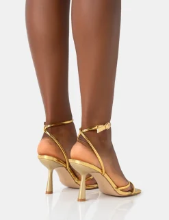 Cheap Bree PU Barely There Square Toe Mid Stiletto Heels Back In Stock | Gold Heels
