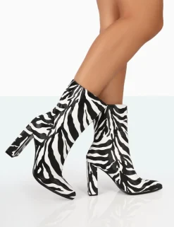 Cheap Bridget Zebra Printed PU Pointed Toe Block Heeled Ankle Boots Heeled Boots | Ankle Boots