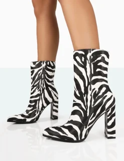 Cheap Bridget Zebra Printed PU Pointed Toe Block Heeled Ankle Boots Heeled Boots | Ankle Boots