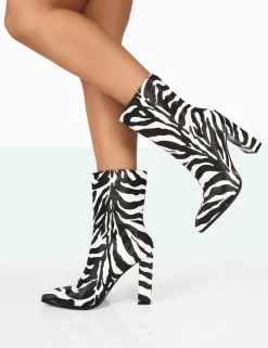 Cheap Bridget Zebra Printed PU Pointed Toe Block Heeled Ankle Boots Heeled Boots | Ankle Boots