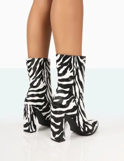 Cheap Bridget Zebra Printed PU Pointed Toe Block Heeled Ankle Boots Heeled Boots | Ankle Boots