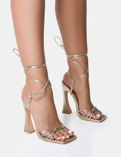 Hot Brightside Metallic Strappy Tie Up Square Toe Flared Heels Strappy Heels | Gold Heels