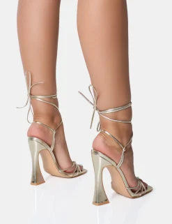 Hot Brightside Metallic Strappy Tie Up Square Toe Flared Heels Strappy Heels | Gold Heels