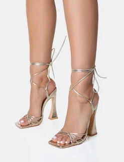 Hot Brightside Metallic Strappy Tie Up Square Toe Flared Heels Strappy Heels | Gold Heels