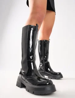 Best Sale Bryant Patent Chunky Sole Elasticated Knee High Boots Knee High Boots | Long Boots