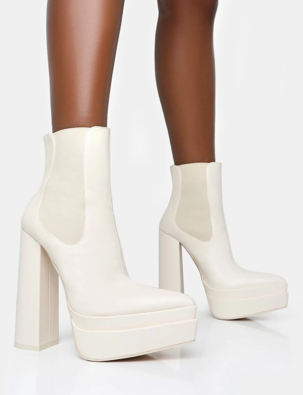 Clearance Cady Ecru Pu Platform Pointed Toe Block Heel Ankle Boots Heeled Boots | Ankle Boots