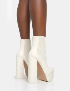 Clearance Cady Ecru Pu Platform Pointed Toe Block Heel Ankle Boots Heeled Boots | Ankle Boots