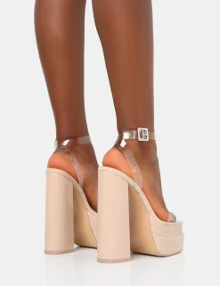 New Calla Nude Patent Barely There Clear Square Toe Platform Heels Barely There Heels | Square Toe Heels