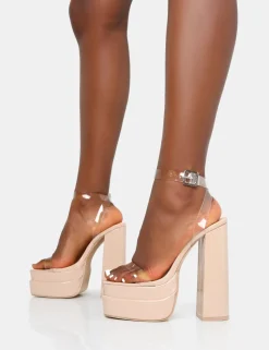 New Calla Nude Patent Barely There Clear Square Toe Platform Heels Barely There Heels | Square Toe Heels