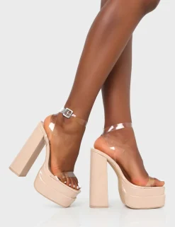New Calla Nude Patent Barely There Clear Square Toe Platform Heels Barely There Heels | Square Toe Heels