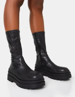 Sale Cam Chunky Platform Round Toe PU High Boots Back In Stock | Flat Boots
