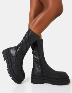 Sale Cam Chunky Platform Round Toe PU High Boots Back In Stock | Flat Boots