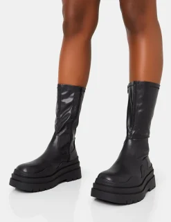 Sale Cam Chunky Platform Round Toe PU High Boots Back In Stock | Flat Boots