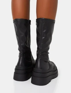 Sale Cam Chunky Platform Round Toe PU High Boots Back In Stock | Flat Boots