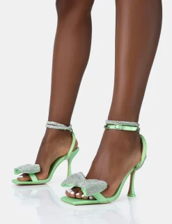 Flash Sale Candy Lime Satin Diamante Bow Square Toe Stiletto Mid Heels Diamante Heels | Square Toe Heels