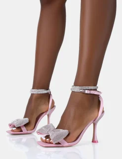 Store Candy Satin Diamante Bow Square Toe Stiletto Mid Heels Diamante Heels | Square Toe Heels