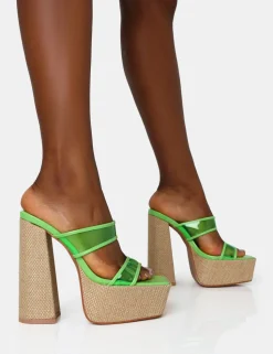 New Carley Neon Lime Perspex Mule Square Toe Platform Raffia Block Heels Square Toe Heels | Mules