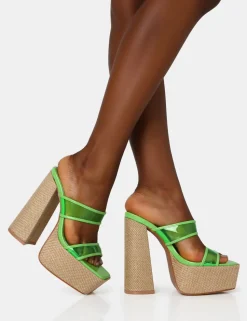 New Carley Neon Lime Perspex Mule Square Toe Platform Raffia Block Heels Square Toe Heels | Mules