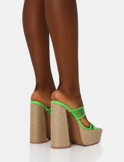 New Carley Neon Lime Perspex Mule Square Toe Platform Raffia Block Heels Square Toe Heels | Mules