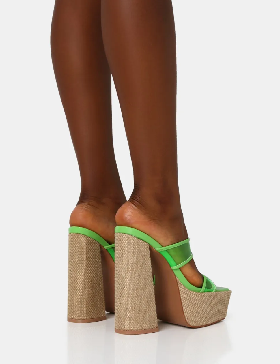 New Carley Neon Lime Perspex Mule Square Toe Platform Raffia Block Heels Square Toe Heels | Mules