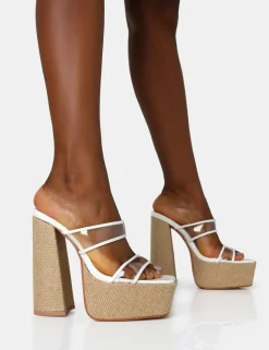 New Carley Perspex Mule Square Toe Platform Raffia Block Heels Mules | Square Toe Heels