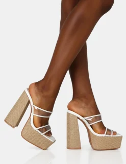 New Carley Perspex Mule Square Toe Platform Raffia Block Heels Mules | Square Toe Heels