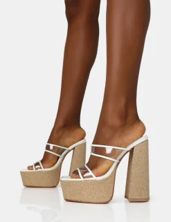 New Carley Perspex Mule Square Toe Platform Raffia Block Heels Mules | Square Toe Heels