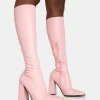 Shop Caryn Baby Pu Knee High Block Heeled Boots Pink Heels | Heeled Boots
