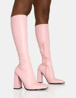 Shop Caryn Baby Pu Knee High Block Heeled Boots Pink Heels | Heeled Boots