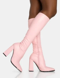 Shop Caryn Baby Pu Knee High Block Heeled Boots Pink Heels | Heeled Boots