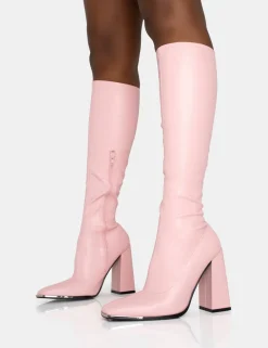 Shop Caryn Baby Pu Knee High Block Heeled Boots Pink Heels | Heeled Boots