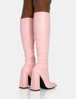 Shop Caryn Baby Pu Knee High Block Heeled Boots Pink Heels | Heeled Boots