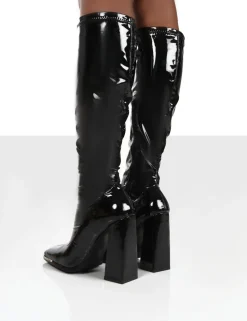 Best Sale Caryn Patent Wide Fit Knee High Block Heeled Boots Back In Stock | Wide Fit Boots