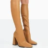 Best Sale Caryn Camel Grain Pu Patent Knee High Block Heeled Boots Heeled Boots | Knee High Boots
