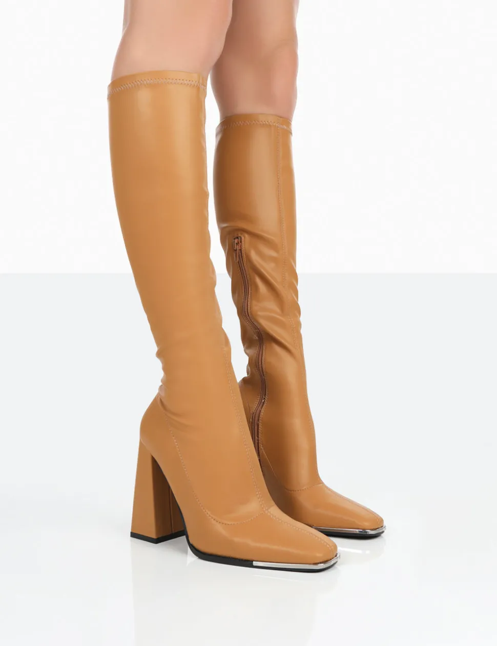Best Sale Caryn Camel Grain Pu Patent Knee High Block Heeled Boots Heeled Boots | Knee High Boots