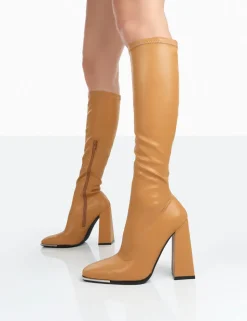 Best Sale Caryn Camel Grain Pu Patent Knee High Block Heeled Boots Heeled Boots | Knee High Boots