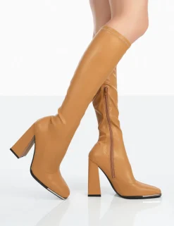 Best Sale Caryn Camel Grain Pu Patent Knee High Block Heeled Boots Heeled Boots | Knee High Boots