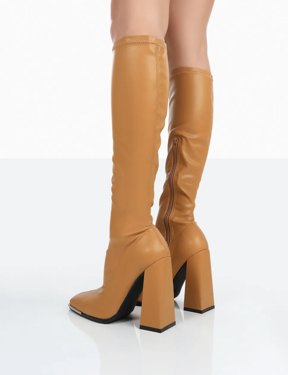 Best Sale Caryn Camel Grain Pu Patent Knee High Block Heeled Boots Heeled Boots | Knee High Boots