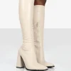 Shop Caryn Stone PU Knee High Block Heeled Boots Heeled Boots | Knee High Boots