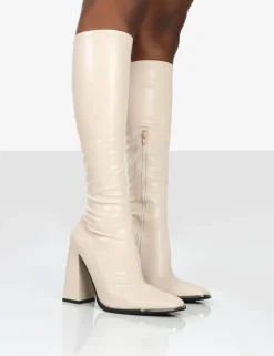 Shop Caryn Stone PU Knee High Block Heeled Boots Heeled Boots | Knee High Boots