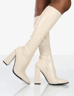 Shop Caryn Stone PU Knee High Block Heeled Boots Heeled Boots | Knee High Boots