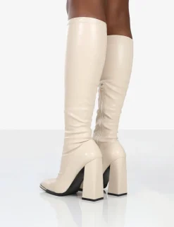 Shop Caryn Stone PU Knee High Block Heeled Boots Heeled Boots | Knee High Boots