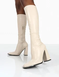 Shop Caryn Stone PU Knee High Block Heeled Boots Heeled Boots | Knee High Boots
