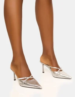 New Casanova Cracked Buckle Detail Pointed Toe Mid Heel Mules Silver Heels | Mules