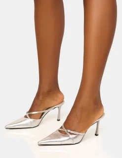 New Casanova Cracked Buckle Detail Pointed Toe Mid Heel Mules Silver Heels | Mules