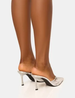New Casanova Cracked Buckle Detail Pointed Toe Mid Heel Mules Silver Heels | Mules
