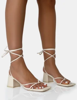 Hot Casey Ecru Strappy Lace Up Square Toe Low Block Heel Sandals Strappy Heels | Square Toe Heels